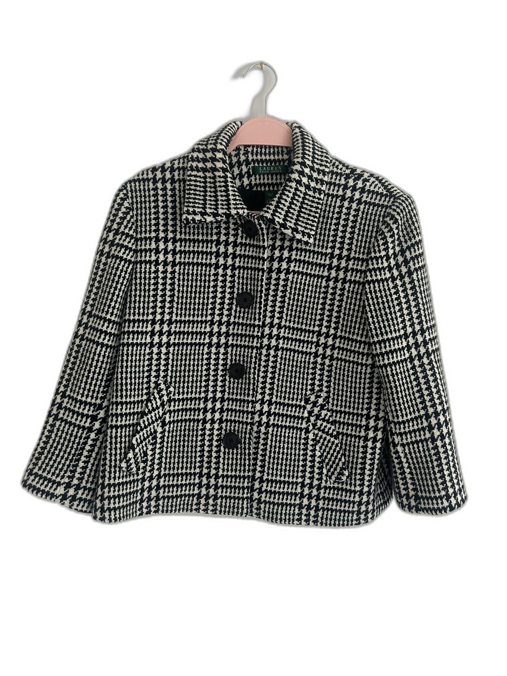 Lauren Ralph Lauren Houndstooth Wool Blend Coat Black White 10  Preppy